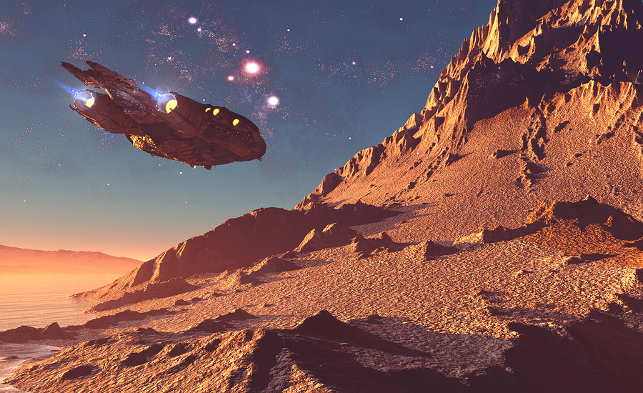 Spaceship on the background of the planet.